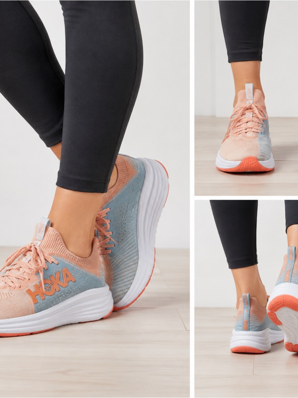 Hoka Women's Coral Peach and Light Blue Running Sneakers